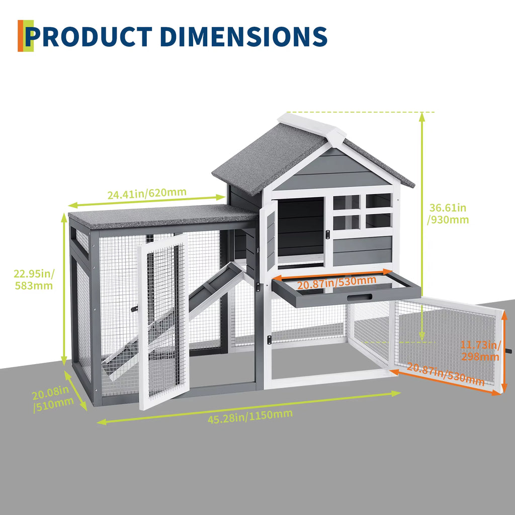2-Story Wooden Rabbit Hutch and Small Chicken Coop with Ramp, Gray