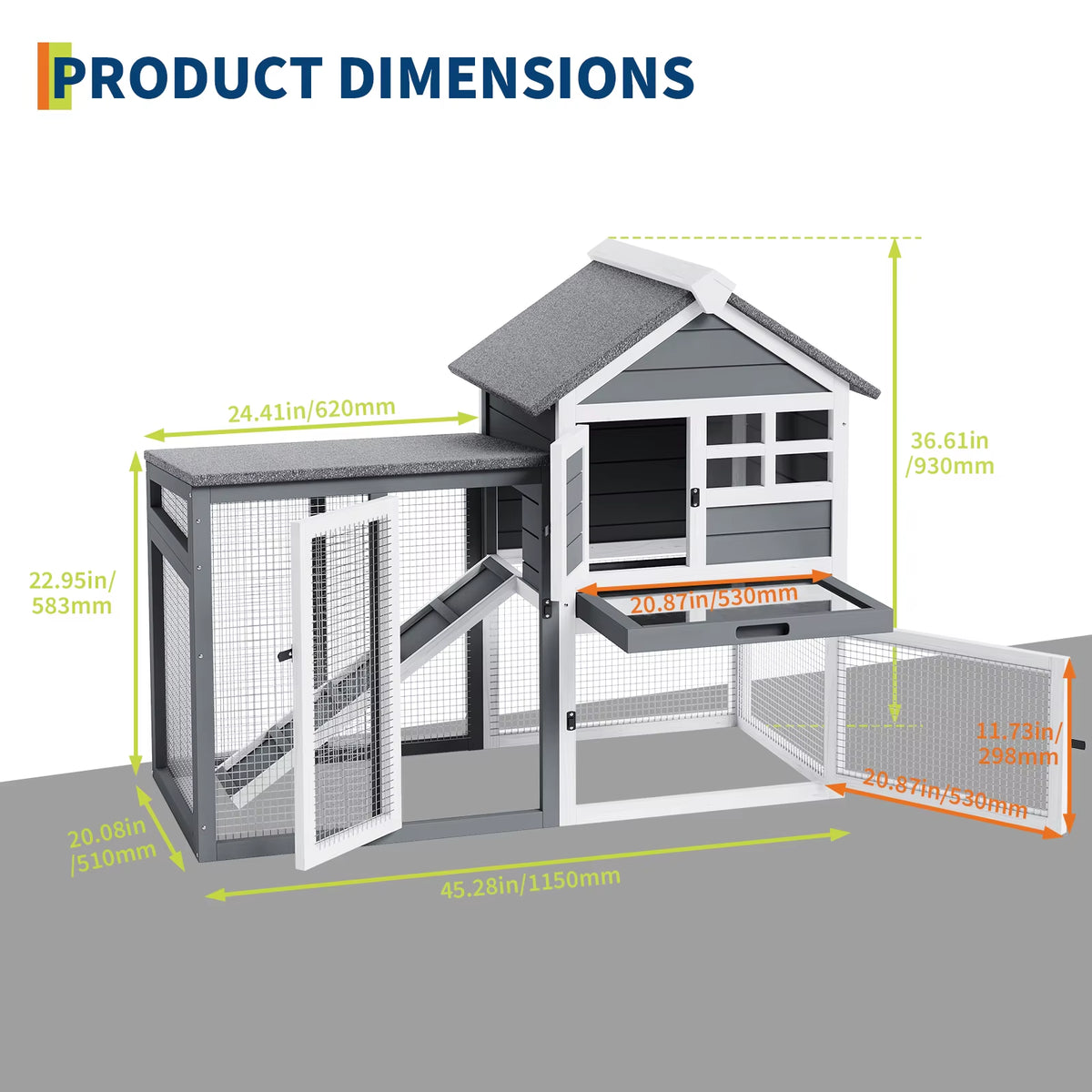 2-Story Wooden Rabbit Hutch and Small Chicken Coop with Ramp, Gray