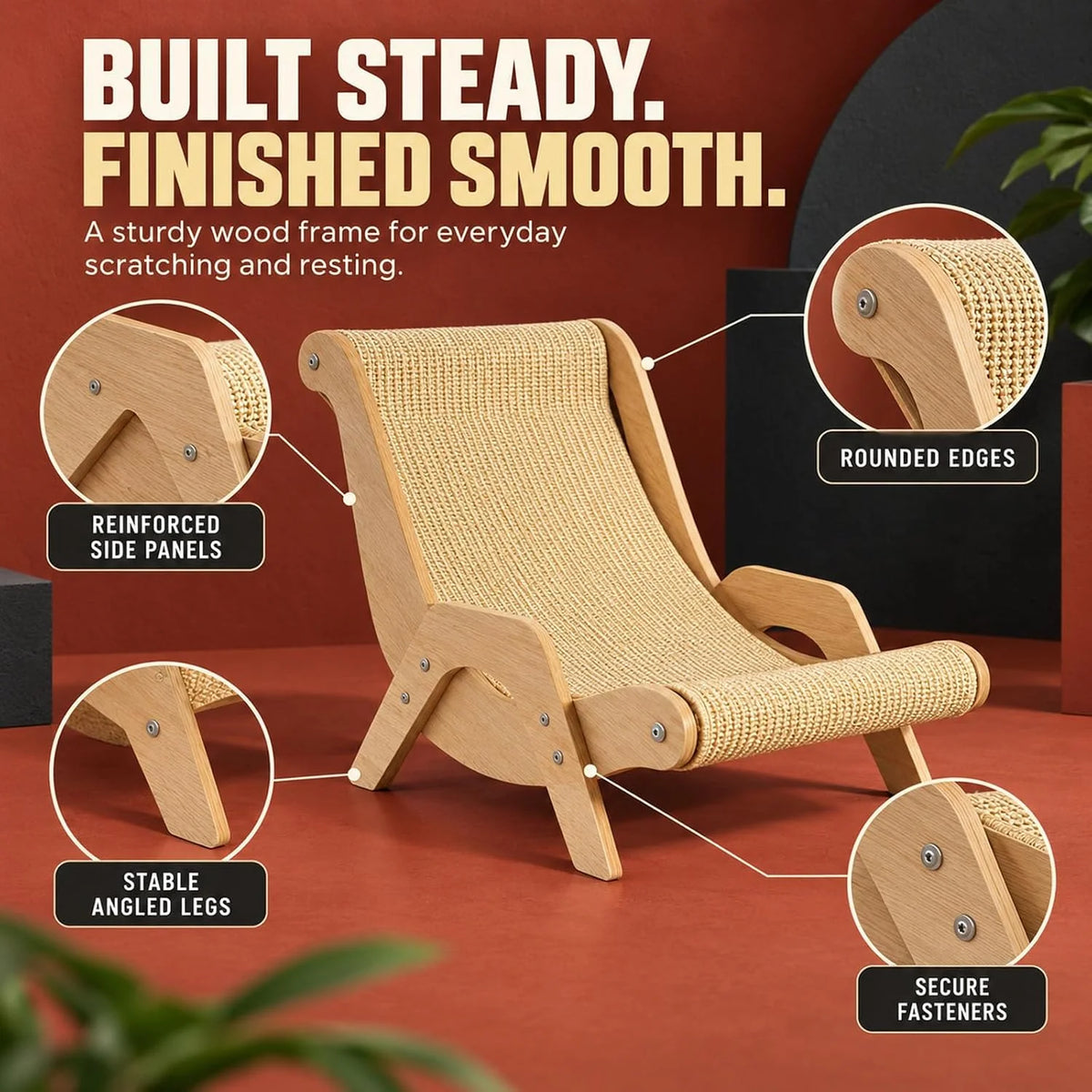 Cat Scratch Lounger Chair Bed with Sisal Scratching Board, Wood – image 3