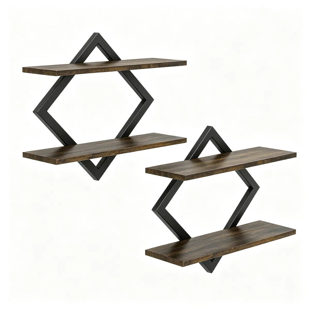 2-Tier Floating Wall Shelves Set of 2, Diamond Metal Frame, Rustic Brown – image 3
