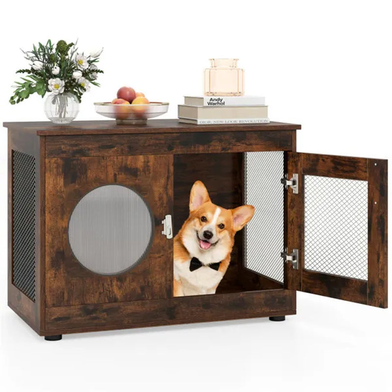 Dog Crate End Table, Farmhouse Style 2-in-1 Kennel, Rustic Brown