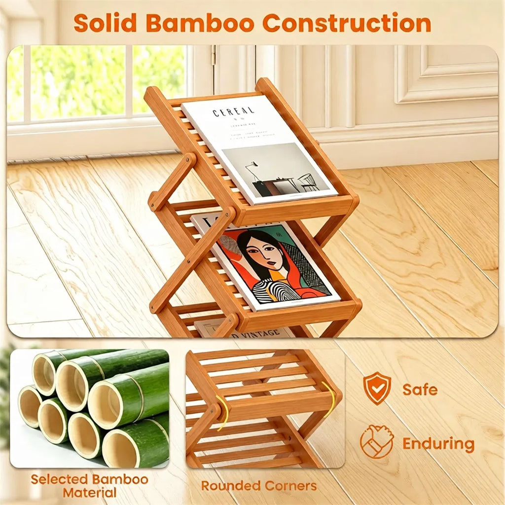 Foldable Bamboo Magazine Rack, 5-Pocket Brochure Display Stand, Walnut – image 10