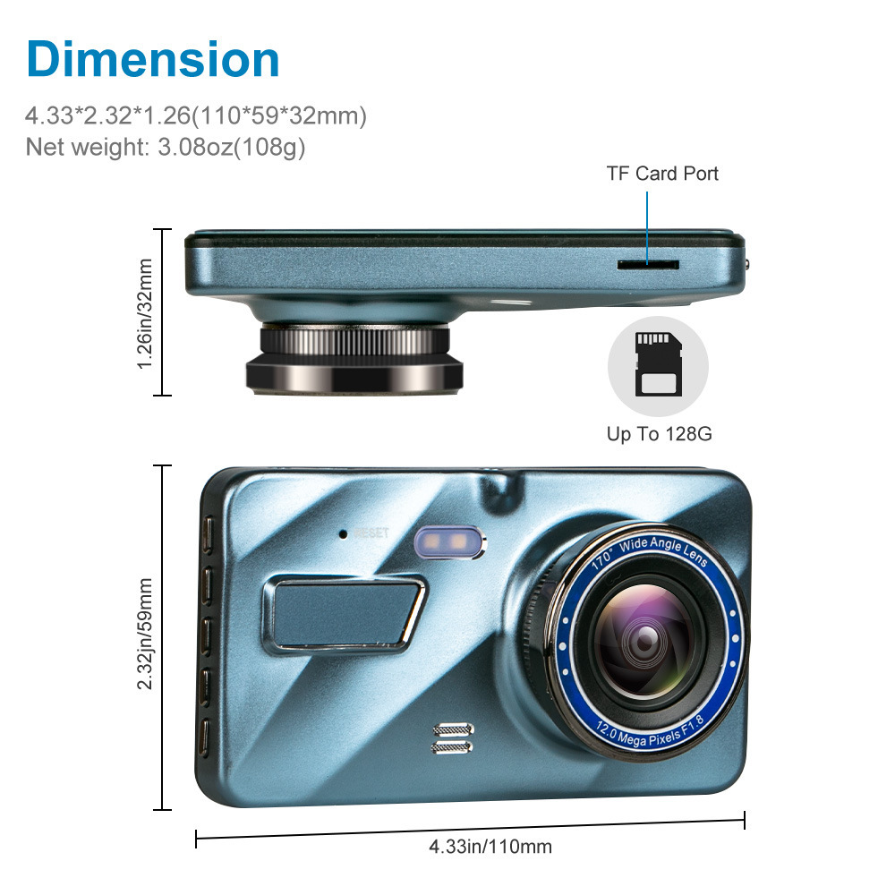 Dash Cam Front and Rear – 4 in Screen, 1296P, Night Vision, G-Sensor