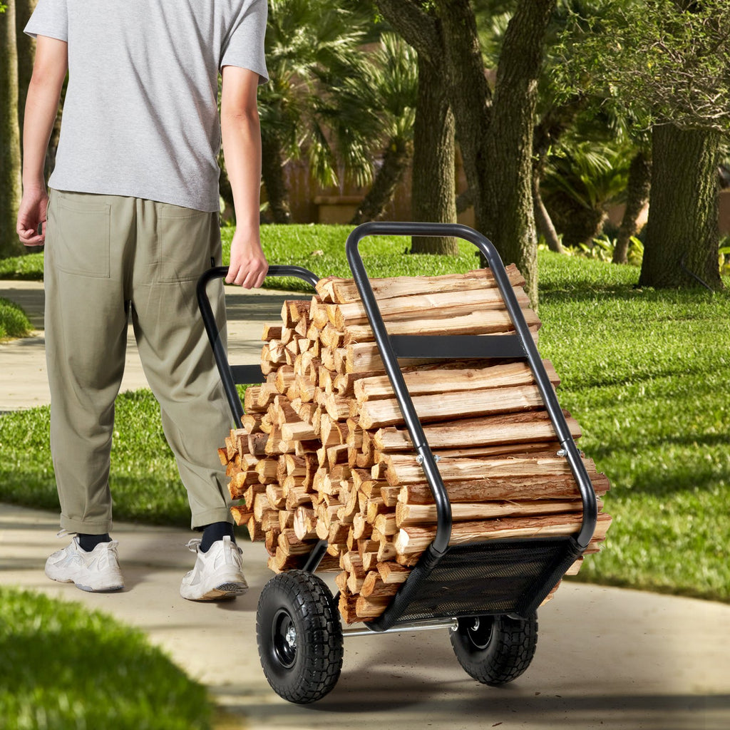 Firewood Log Cart, 250 Lbs Capacity, Outdoor and Indoor Wood Rack Storage Mover with PU Wheels Waterproof Cloth, Heavy Duty Steel Dolly Hauler, Firewood Carrier for Fireplace, Fire Pit, Black