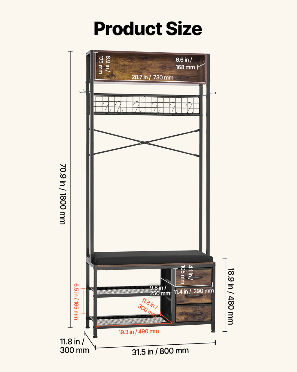 Hall Tree with Shoe Bench and 3 Drawers, 71 in Entryway Coat Rack – image 5