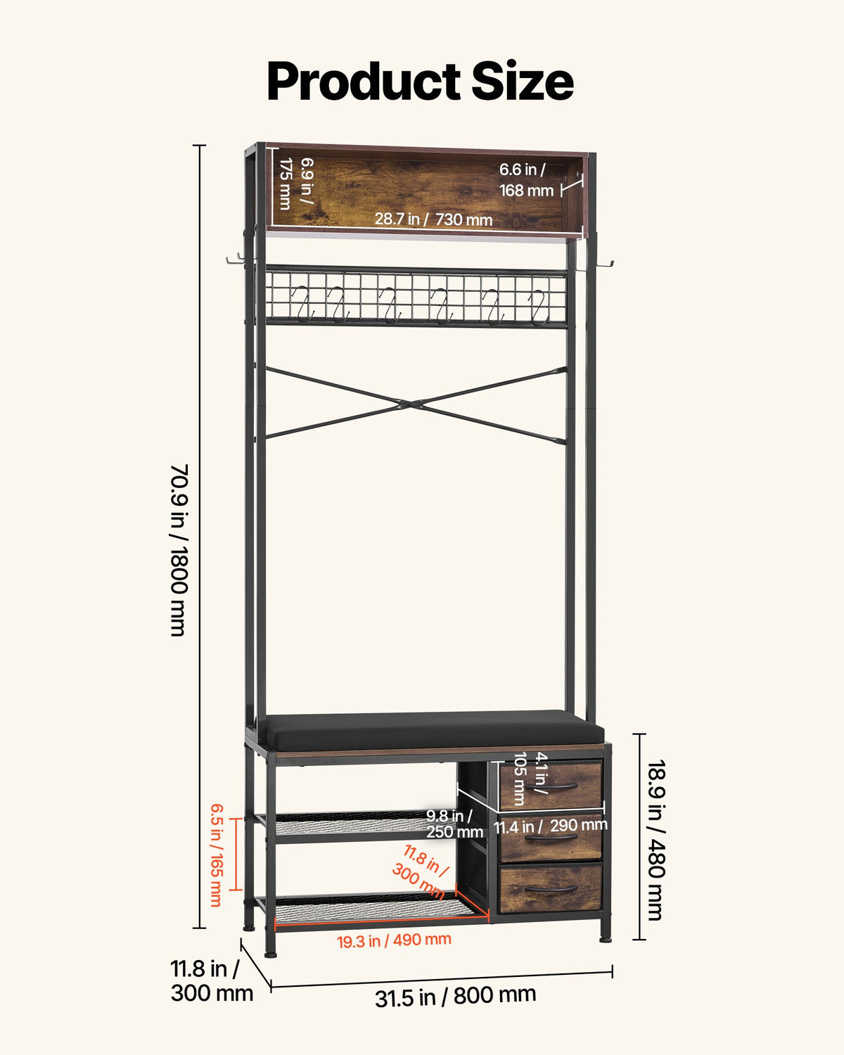 Hall Tree with Shoe Bench and 3 Drawers, 71 in Entryway Coat Rack – image 5