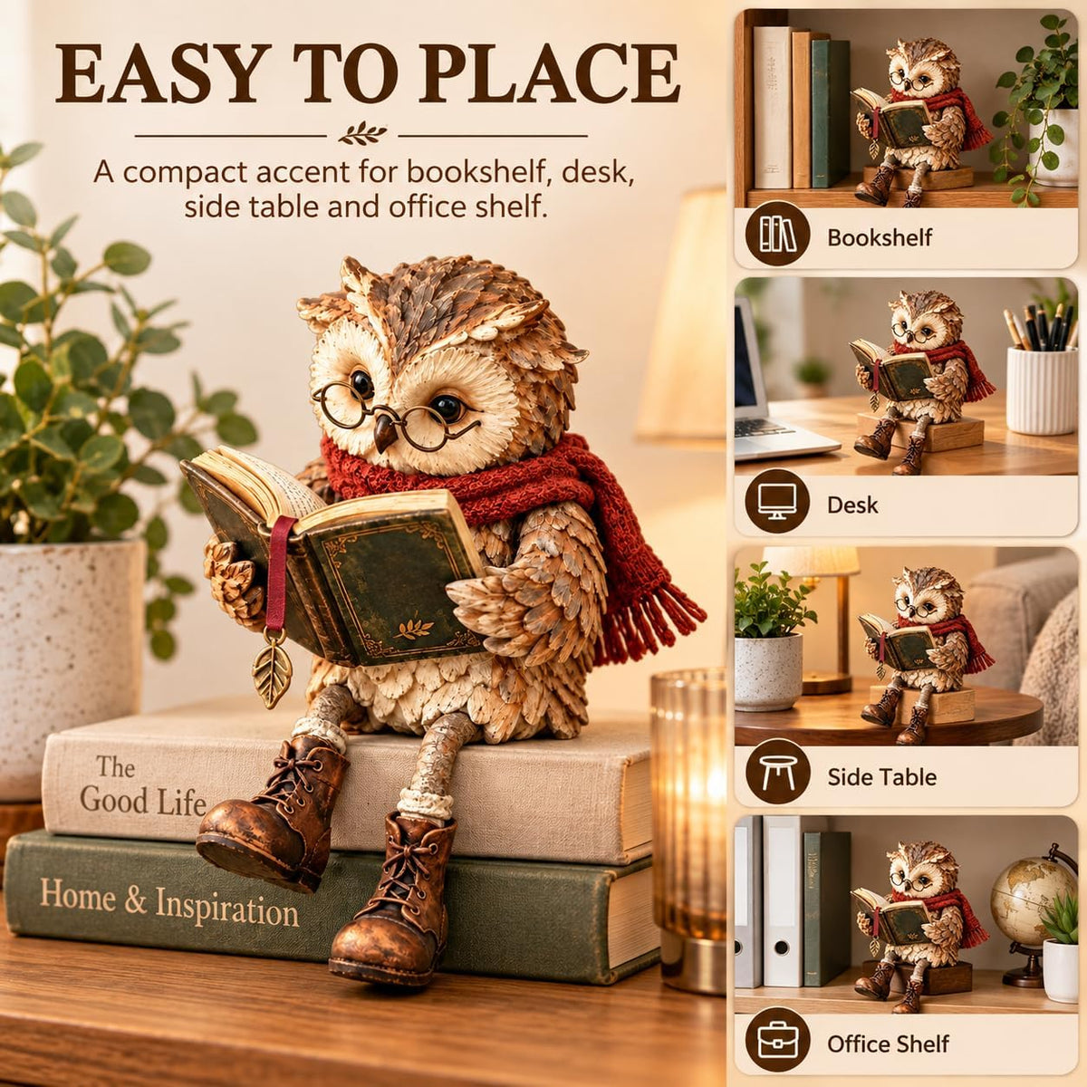 Reading Owl Figurine with Book, Bookshelf Decor – image 5