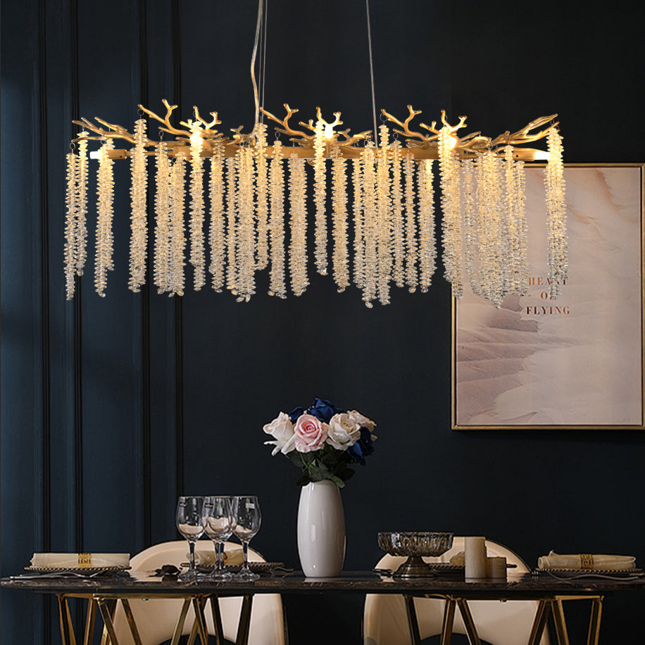 39 Inch Gold Crystal Chandelier with Cascading Strands, 8-Light