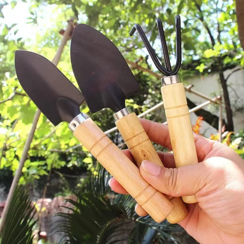 Mini Garden Tool Set 3-Piece - Trowel, Rake & Shovel, Wood Handles – image 3