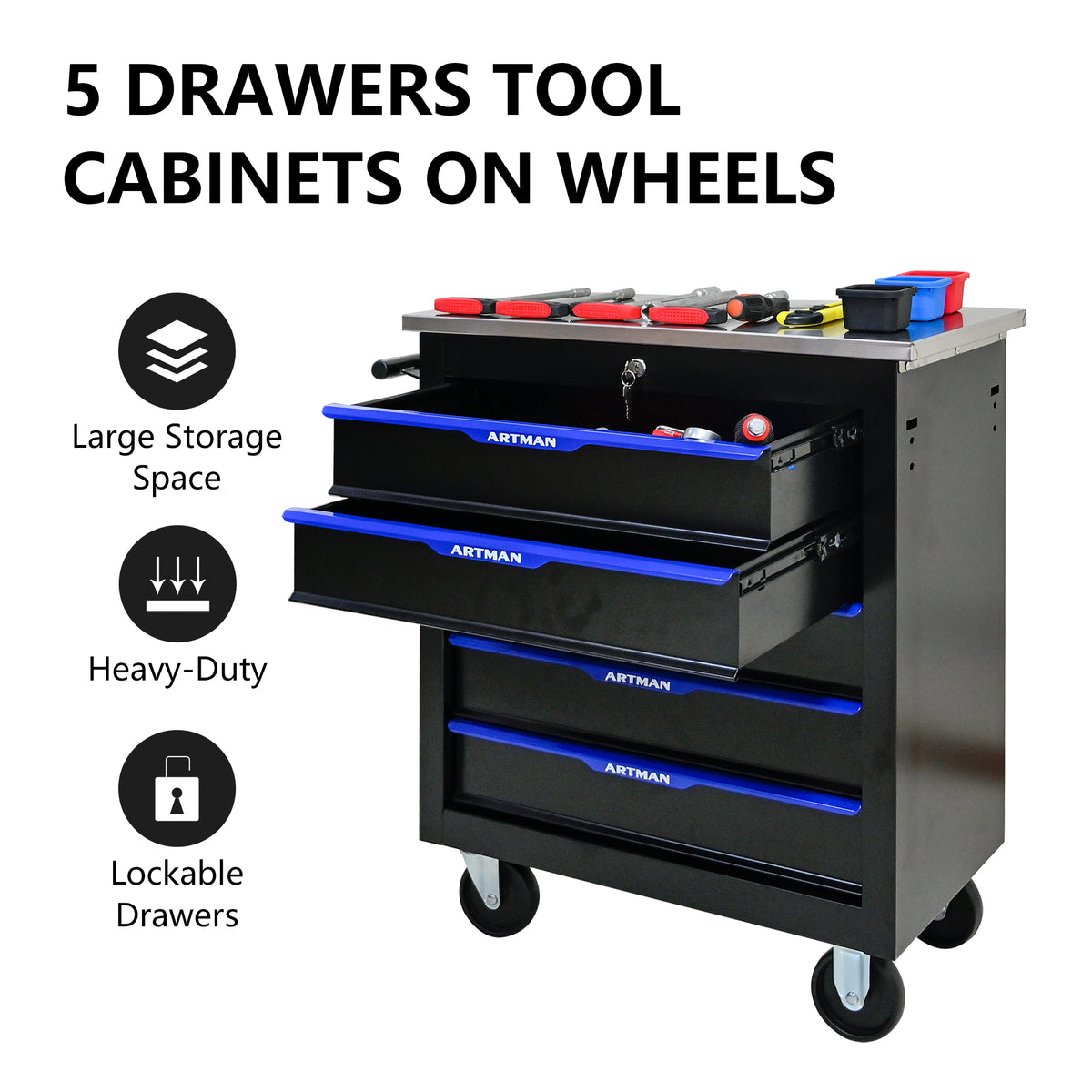 5 Drawer Lockable Tool Cart with Stainless Top and Brake Casters