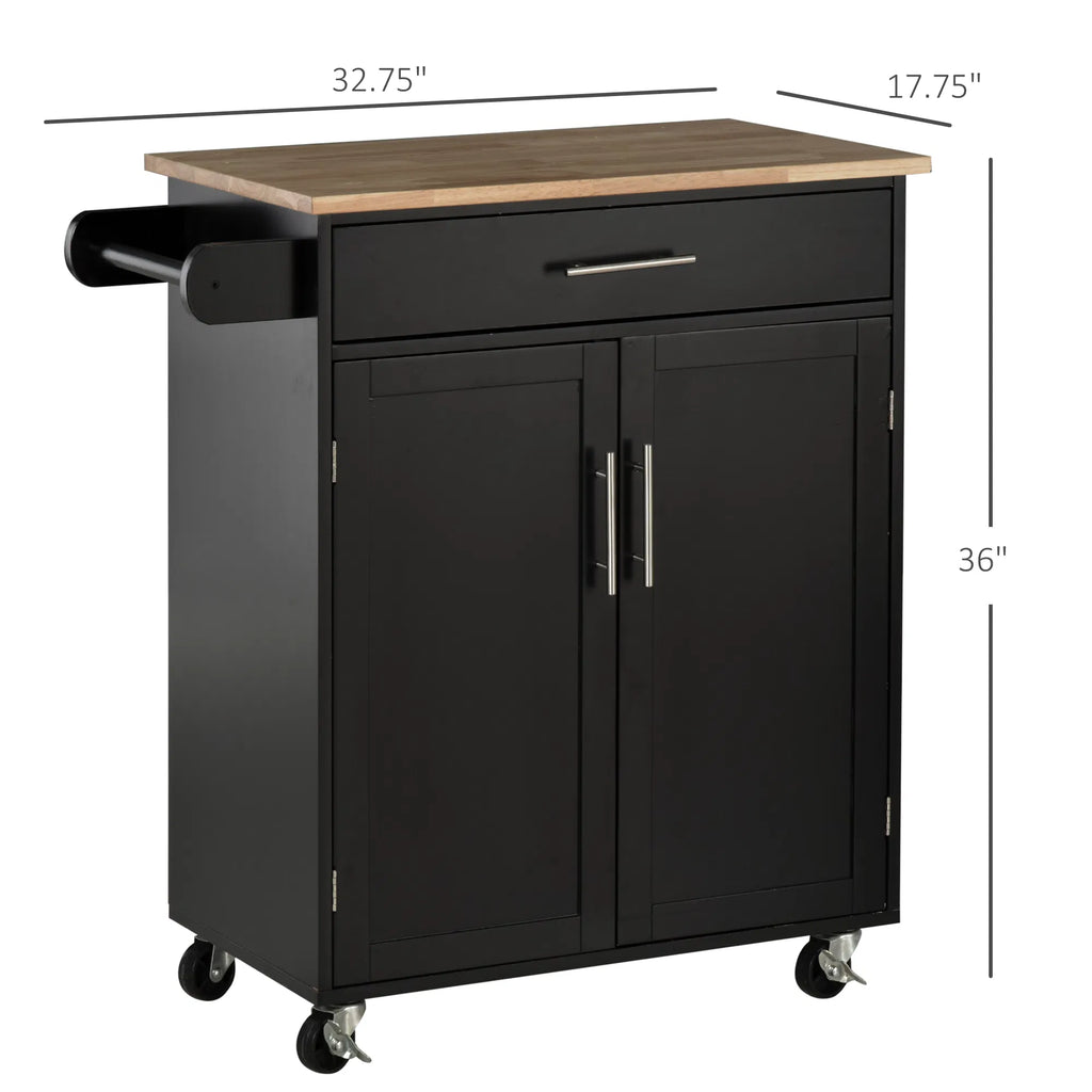 Rolling Kitchen Island Cart with Wood Top, Drawer and Cabinet, Black – image 3