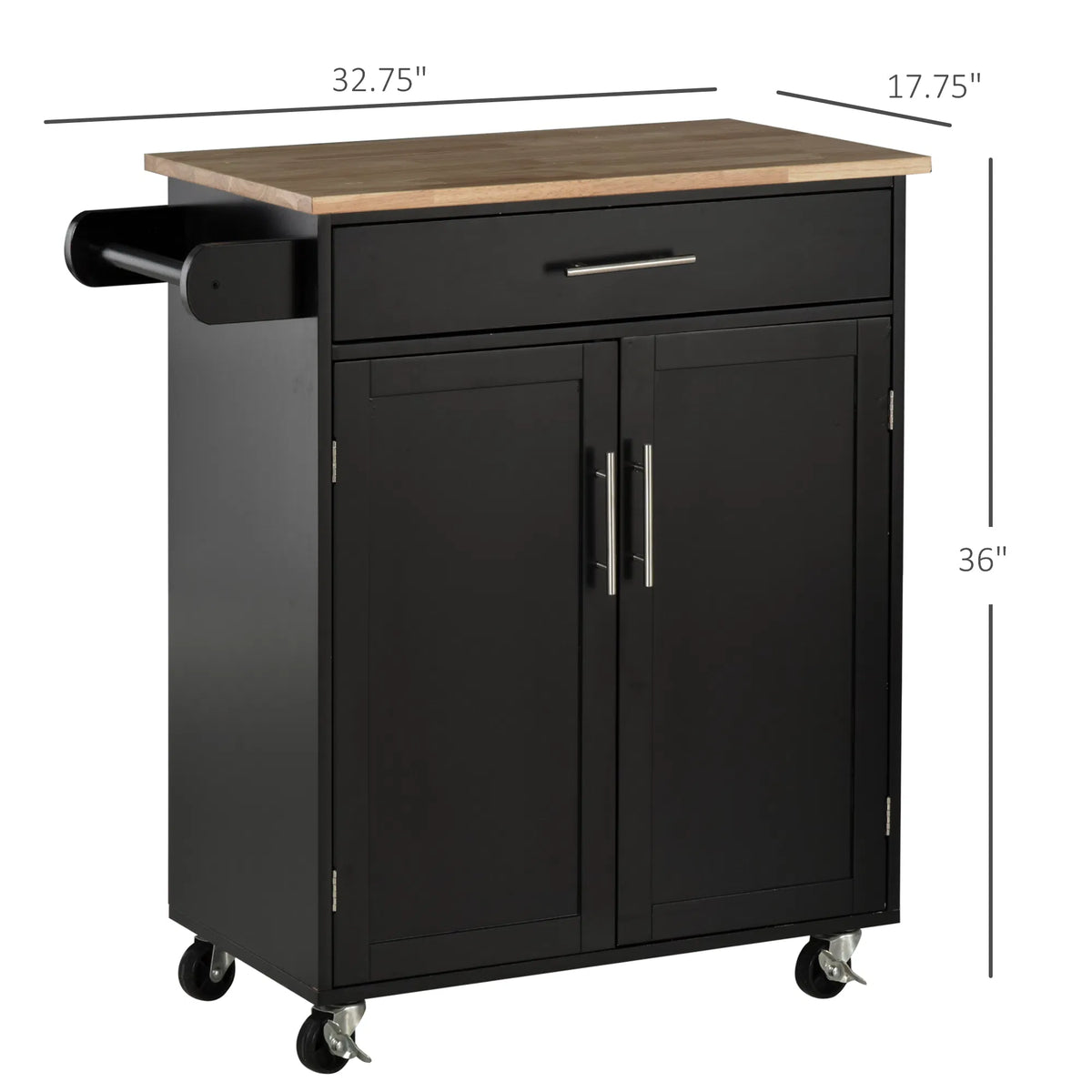 Rolling Kitchen Island Cart with Wood Top, Drawer and Cabinet, Black – image 3