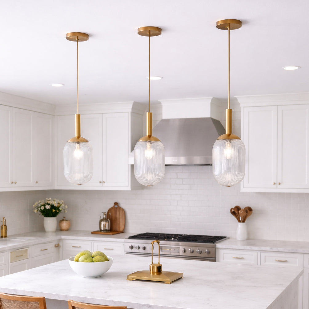 Ribbed Glass Capsule Pendant Light, Bronze Mid-Century Fixture