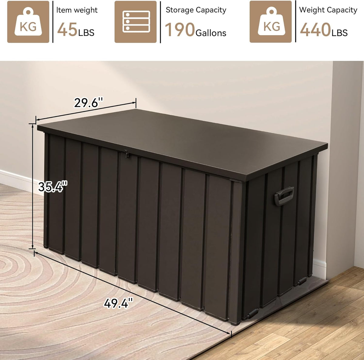 190 Gallon Steel Deck Box with Lock, Wheels and Soft-Close Lid – image 3