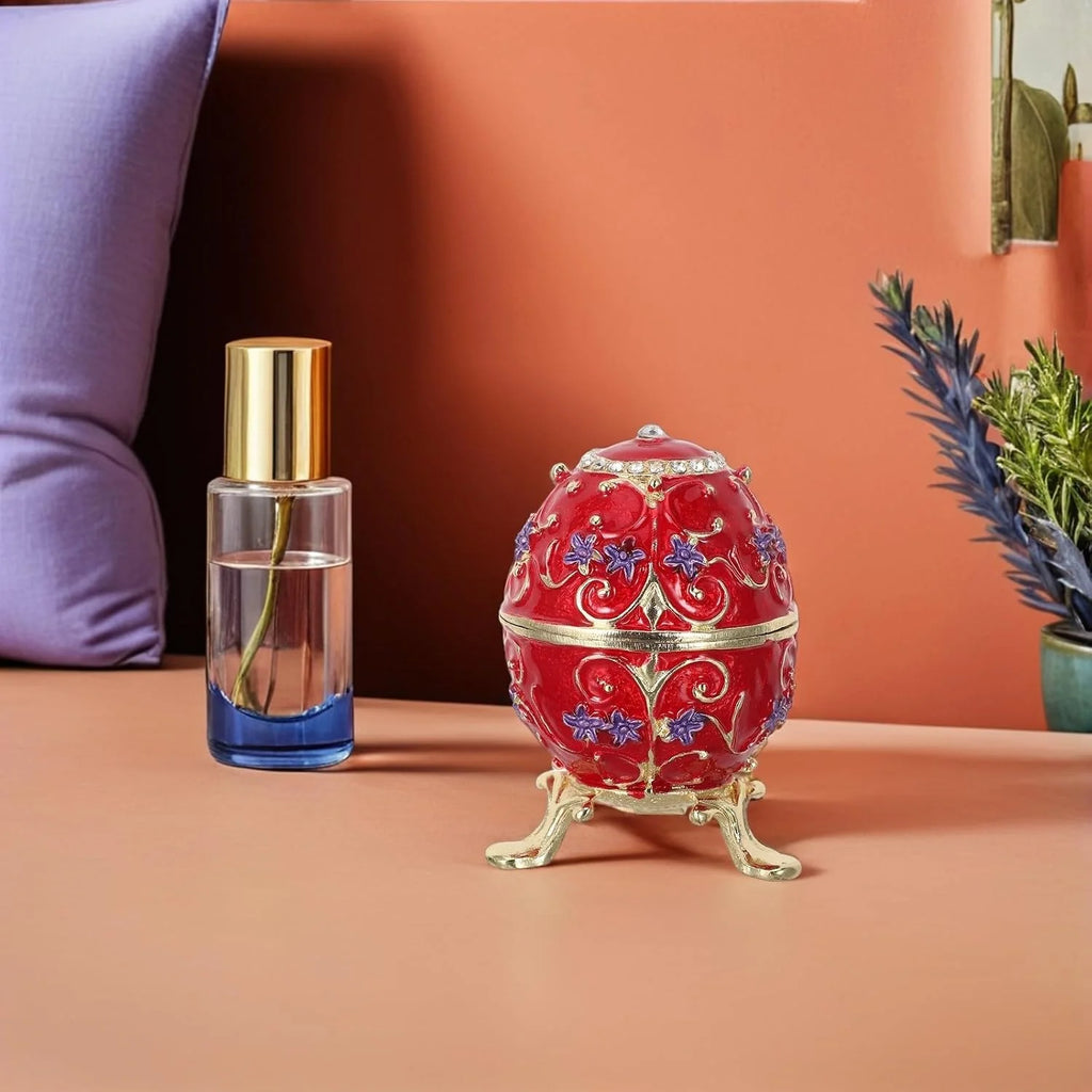 Enamel Egg Trinket Box – Hand Painted Hinged Jewelry Box, Red – image 2