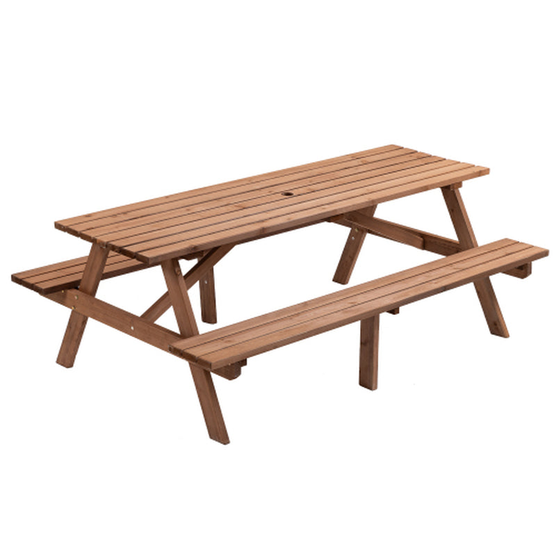 Wooden Picnic Table 75 in with 2 Built-In Benches, Umbrella Hole – image 4