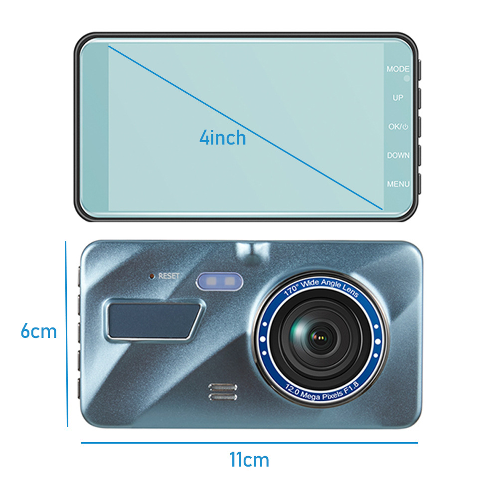 Dash Cam Front and Rear – 4 in Screen, 1296P, Night Vision, G-Sensor