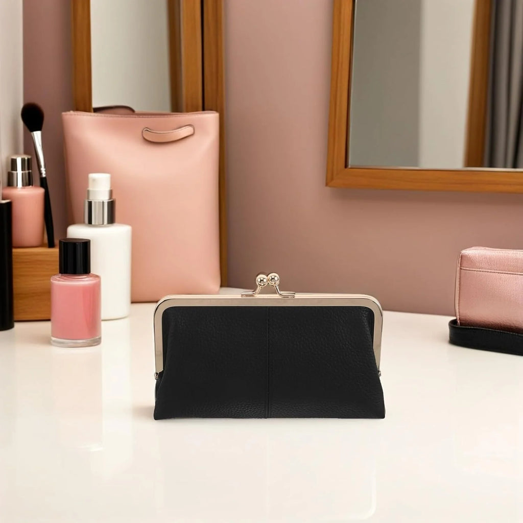 Kiss Lock Wallet for Women, Black Leather Clutch with Card Slots – image 7