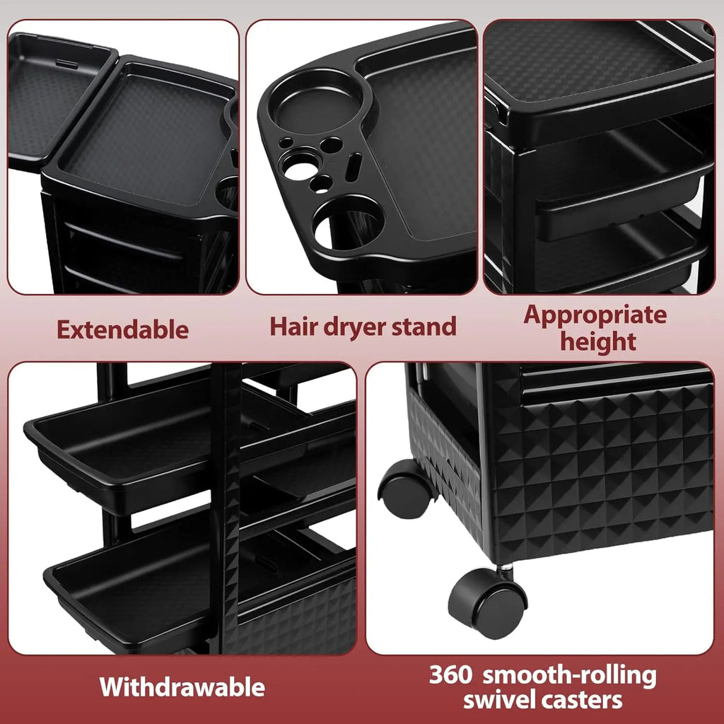 Salon Rolling Cart – 5-Drawer Beauty Trolley with Wheels, Black – image 3