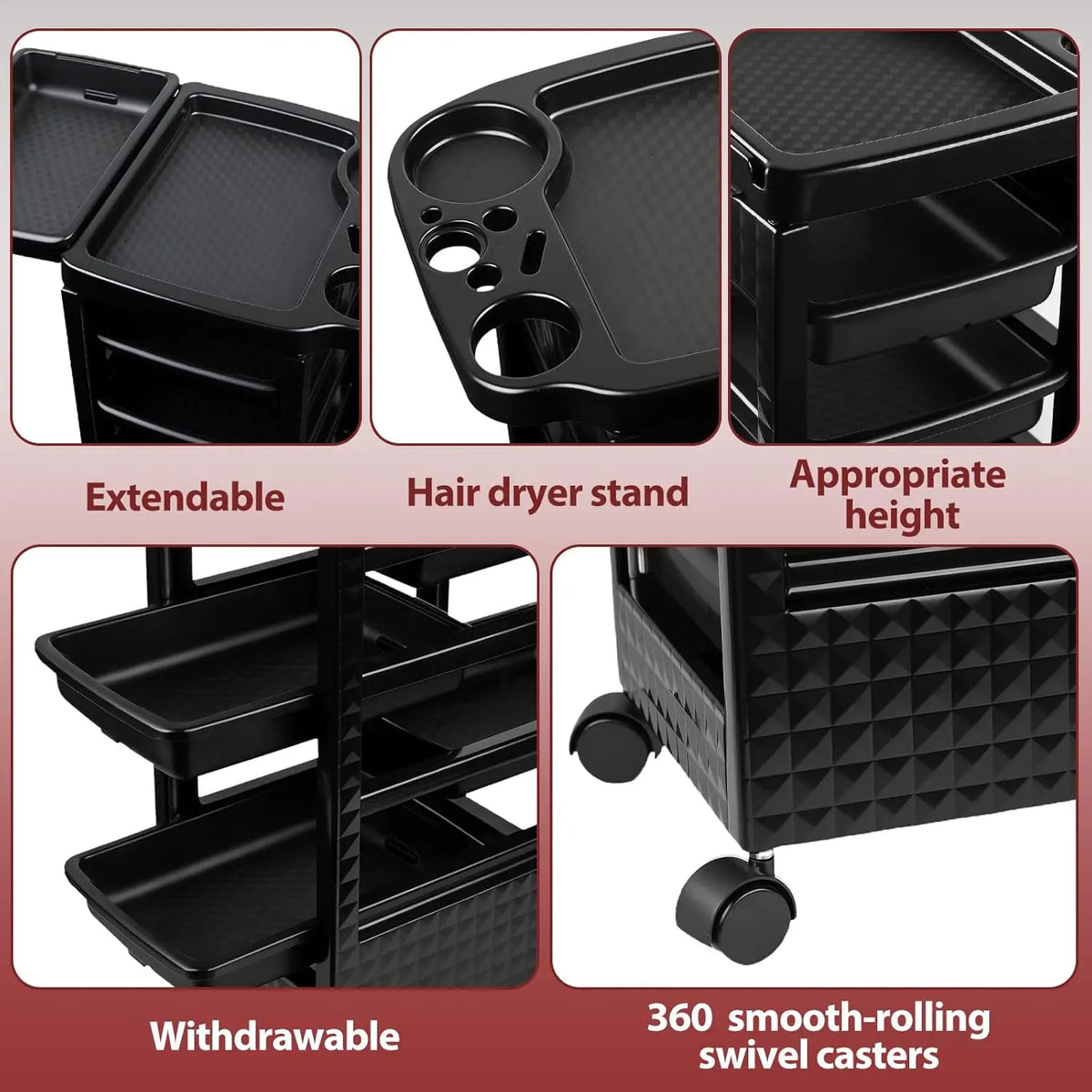 Salon Rolling Cart – 5-Drawer Beauty Trolley with Wheels, Black – image 3