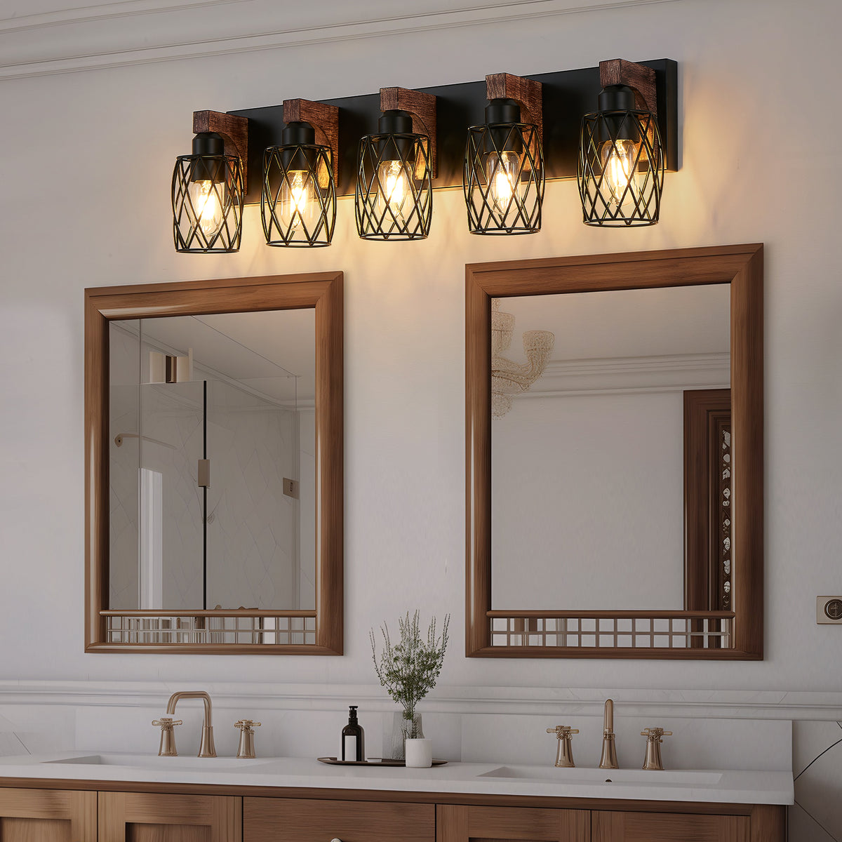 31 Inch Industrial 5-Light Cage Vanity Light, Black & Walnut