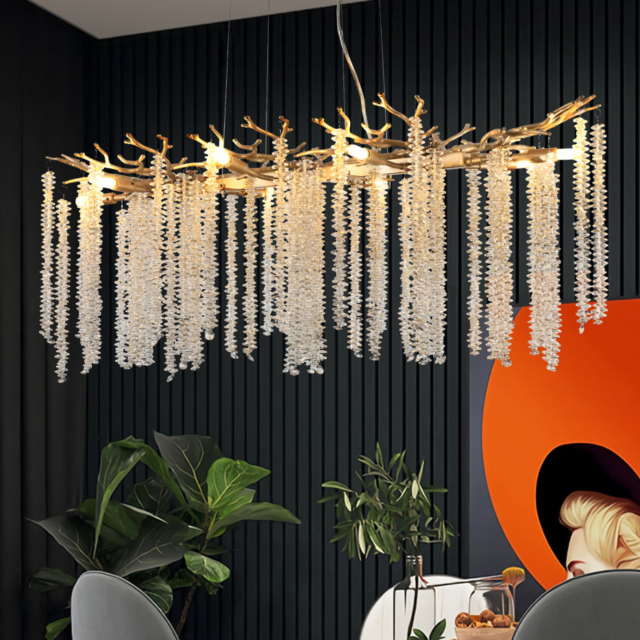 39 Inch Gold Crystal Chandelier with Cascading Strands, 8-Light