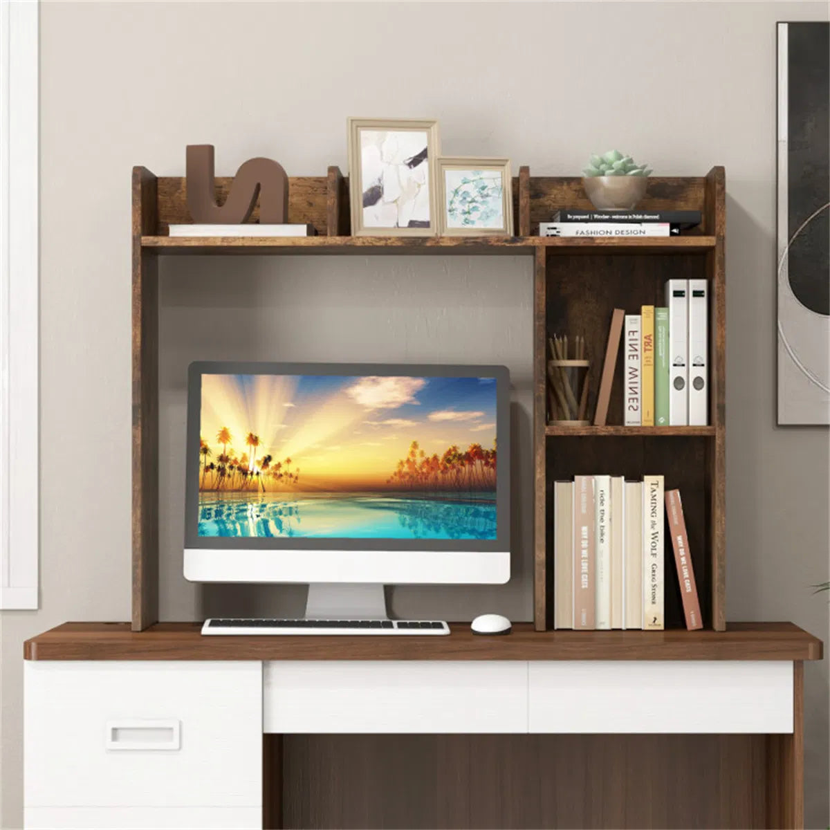 Desktop Bookshelf Desk Hutch for 27 in Monitor, Brown – image 5