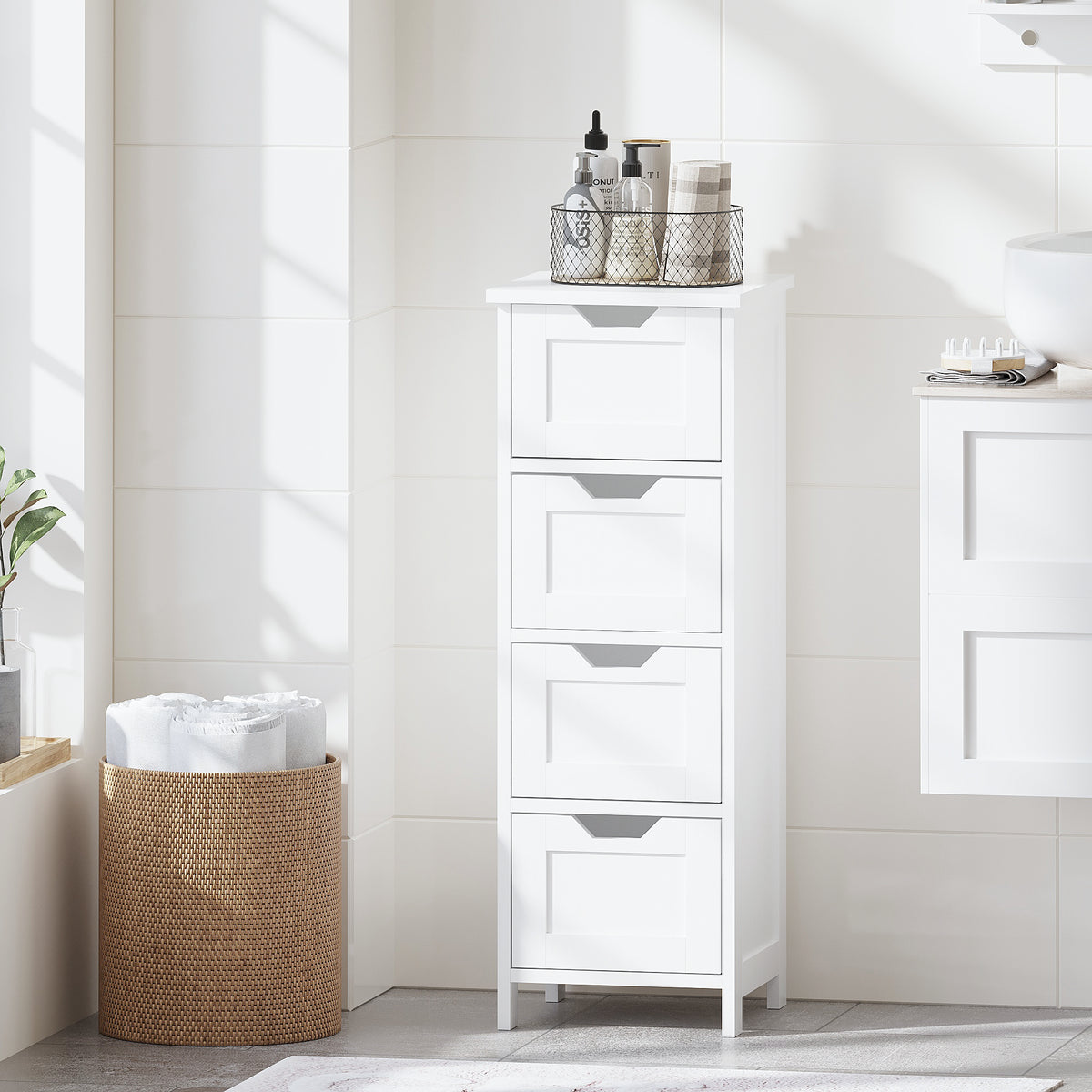 Bathroom Floor Cabinet with 4 Drawers, Narrow Freestanding, White – image 2