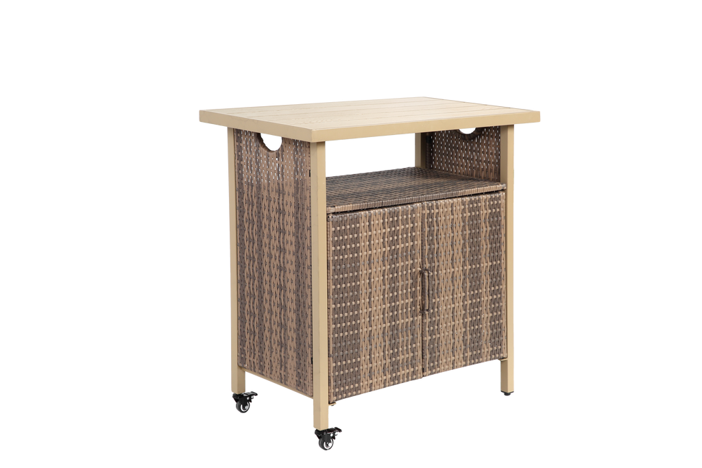 Outdoor Wicker Bar Cart with Wheels and Storage – Beige – image 3