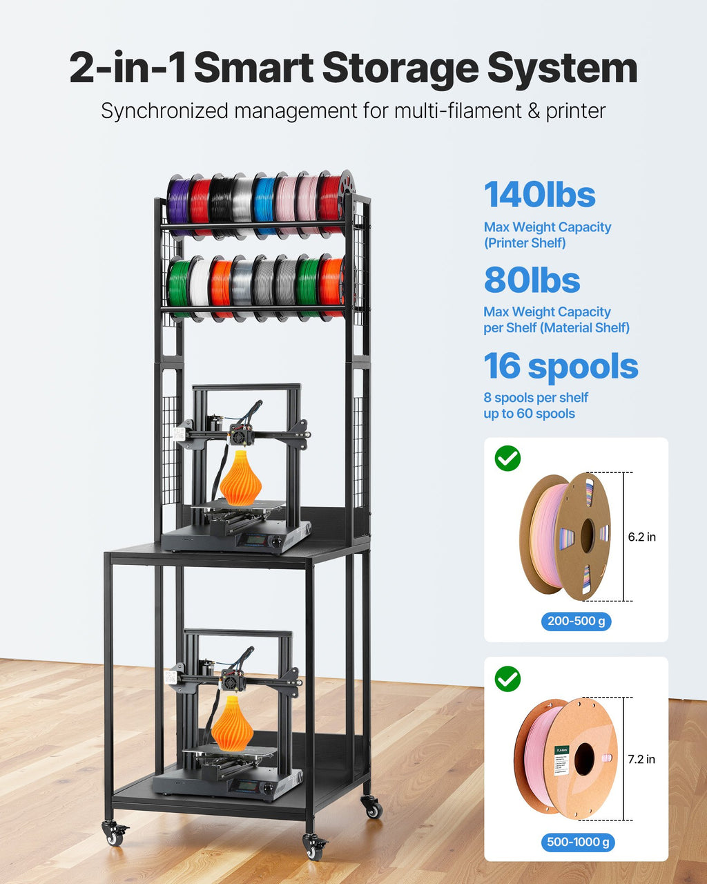 4-Tier 3D Printer Stand with Filament Storage Rack and Wheels – image 2