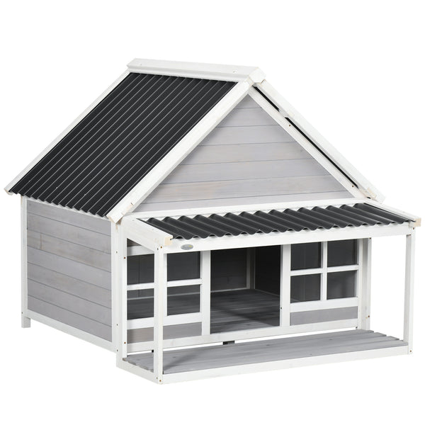Wooden Dog House with Porch, Dog House Outdoor with Tilt Roof, Front Door, Windows for Medium Large Sized Dog