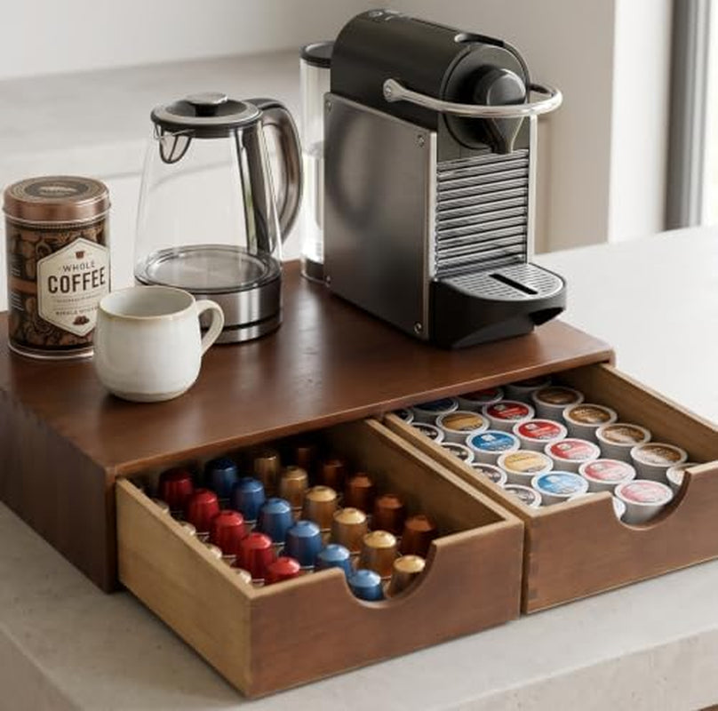 Coffee Pod Organizer, Wooden Coffee Maker Stand with Drawer