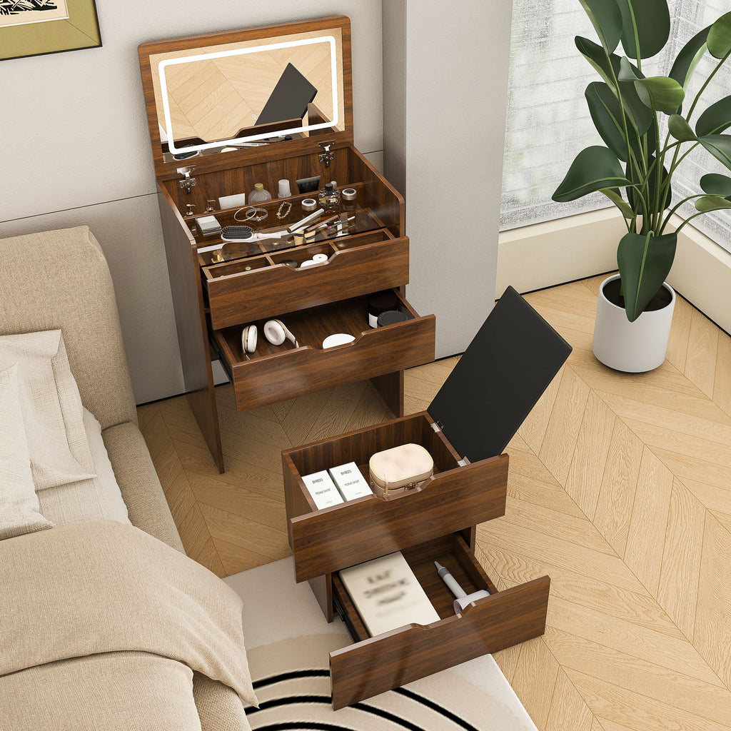 3-in-1 Lighted Mirror Vanity Desk with Storage Stool, Walnut – image 3