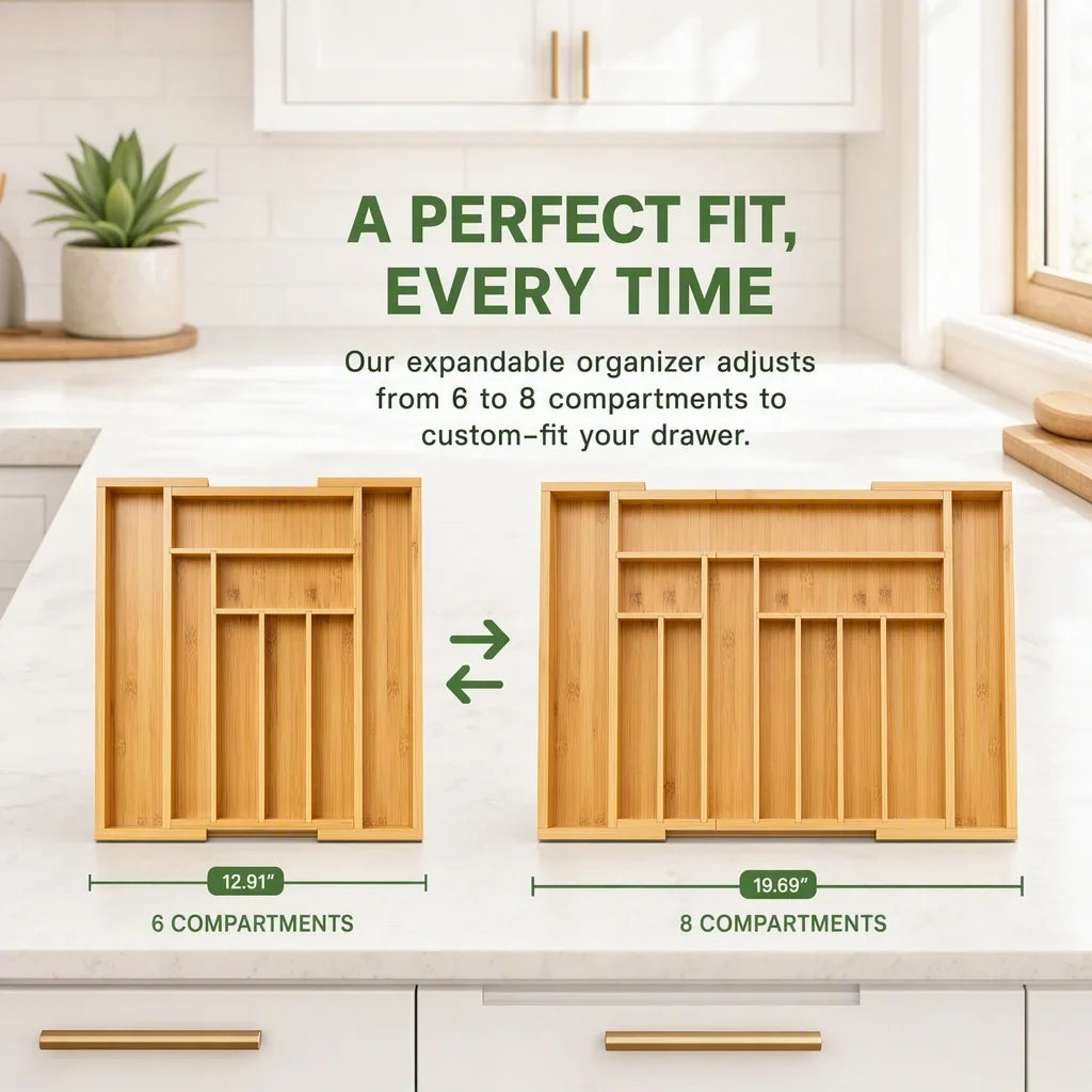 Bamboo Drawer Organizer, Expandable 6-8 Compartment Utensil Tray – image 2