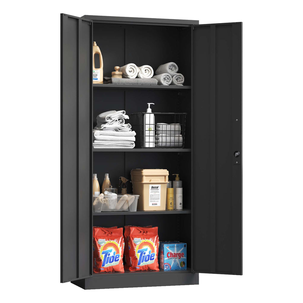 Metal Garage Cabinet 71 in Tall Locking Steel, 3 Shelves, Black – image 5