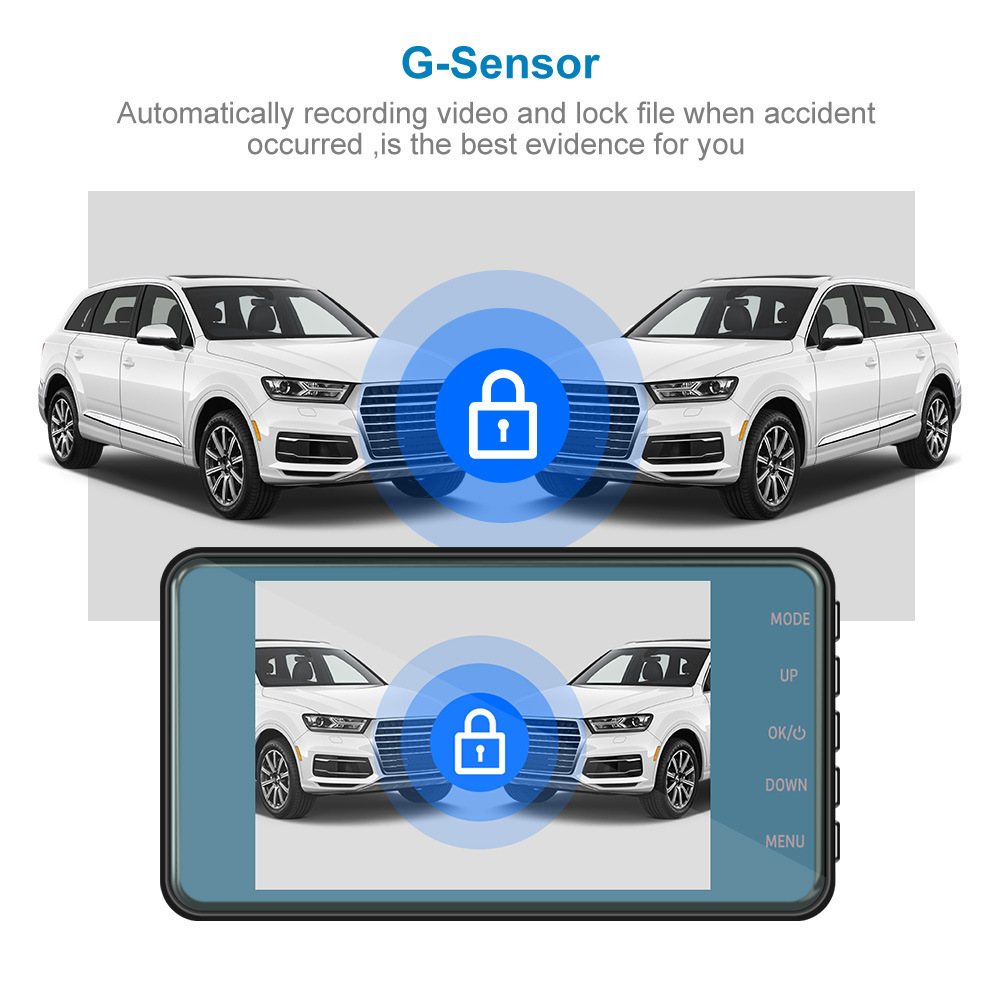 Dash Cam Front and Rear – 4 in Screen, 1296P, Night Vision, G-Sensor