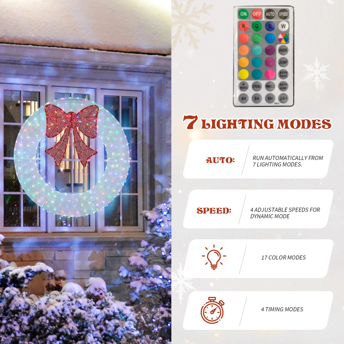 Outdoor Lighted Metal Wreath 36 in with Red Bow, RGB LEDs, Remote & Timer – image 6