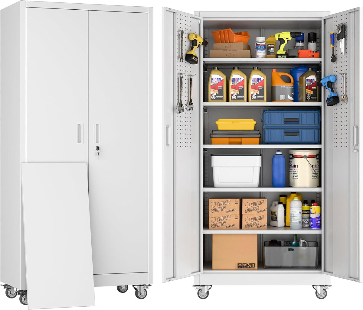 Garage Storage Cabinet Locking Metal with Wheels, Pegboard Doors
