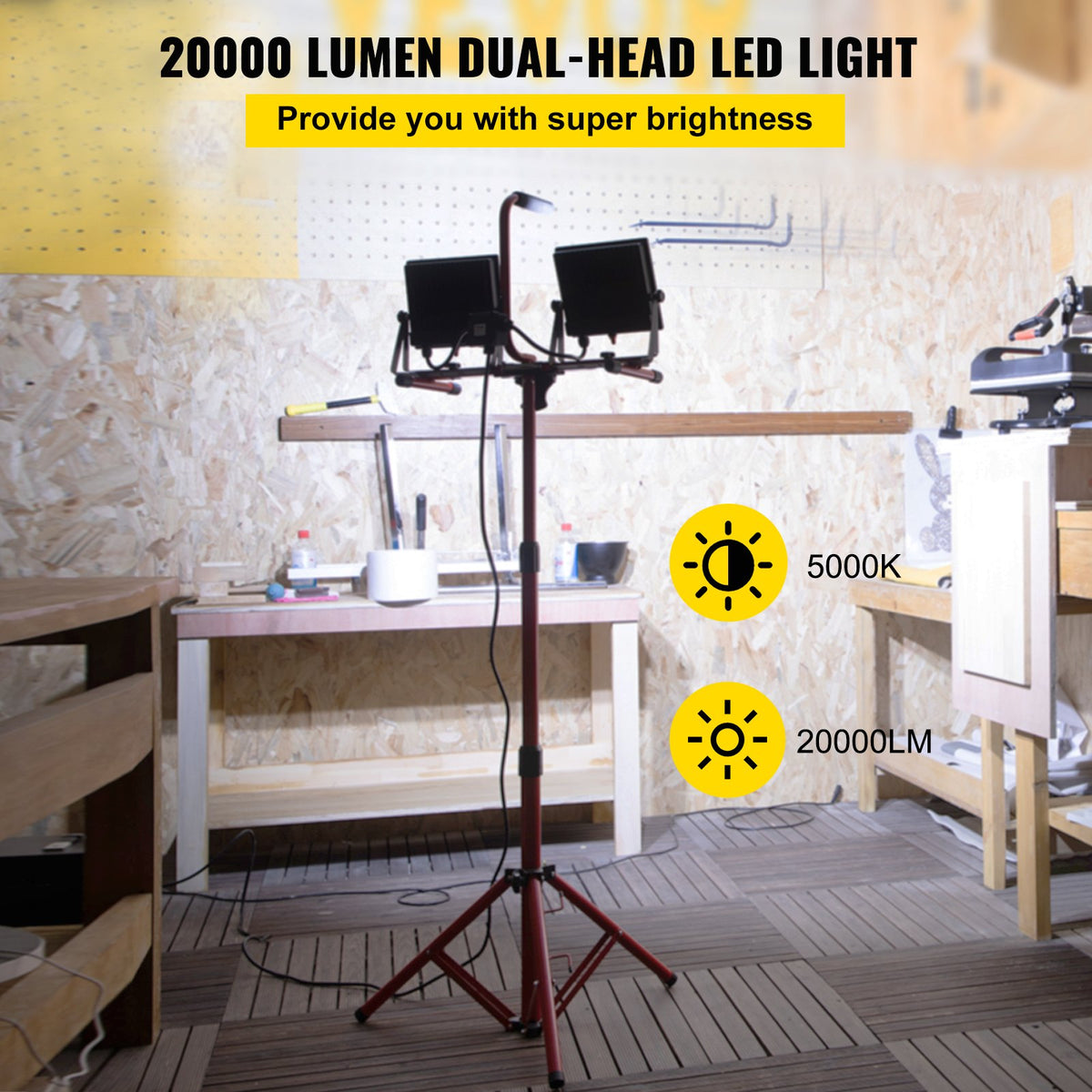 LED Work Light with Tripod Stand, 20000 Lumen Dual Head for Garage