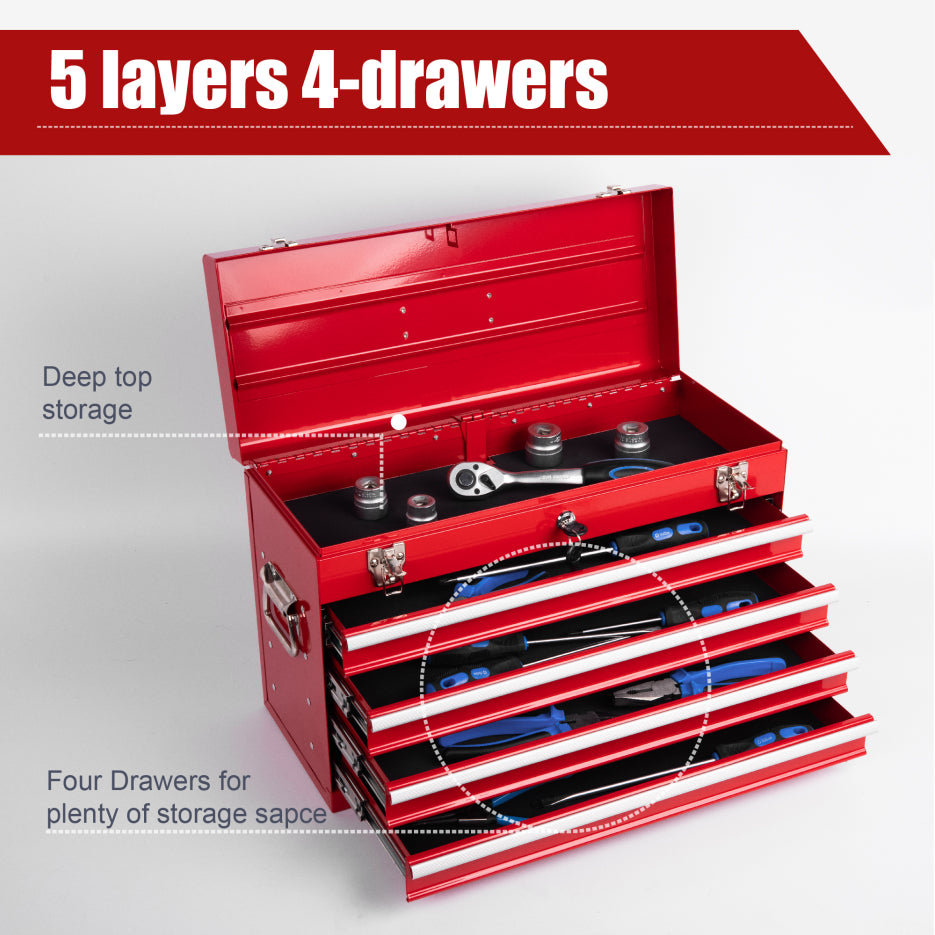 Metal Tool Box 21 in with 4 Drawers, Portable Locking Tool Chest, Red – image 4