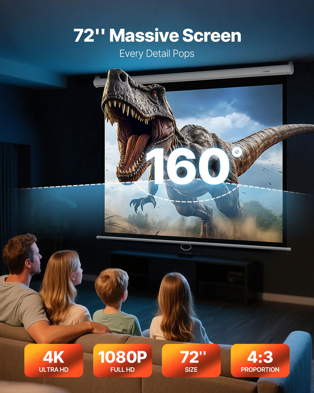 72 Inch Pull Down Projector Screen, Wall Mount 4:3 Manual Screen – image 2