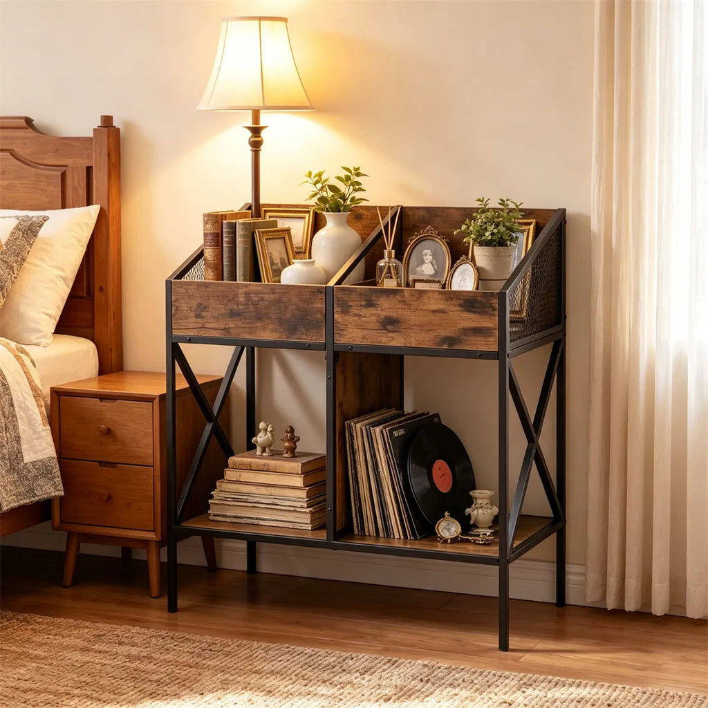 2-Tier Vinyl Record Storage Rack, Industrial Wood and Metal Stand – image 6