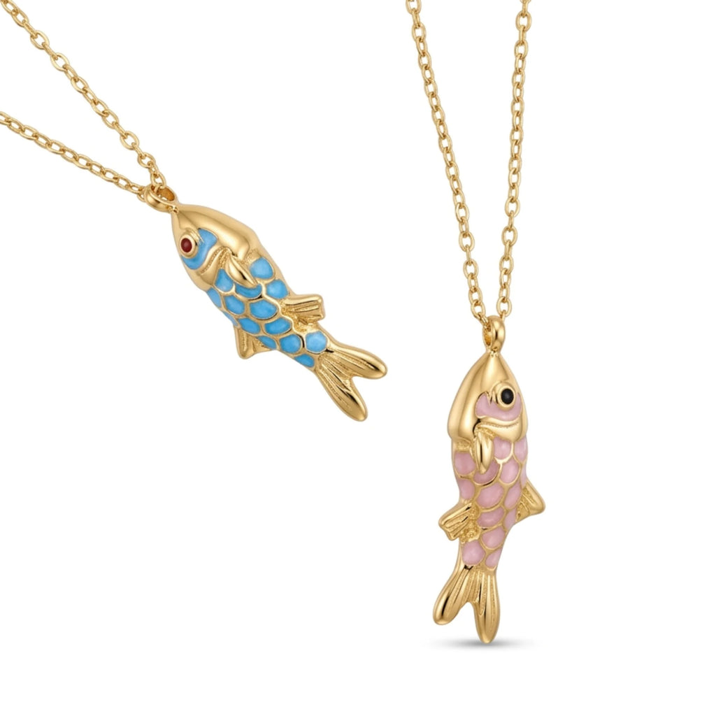 Fish Pendant Necklace - Enamel Charm, Waterproof Gold Stainless