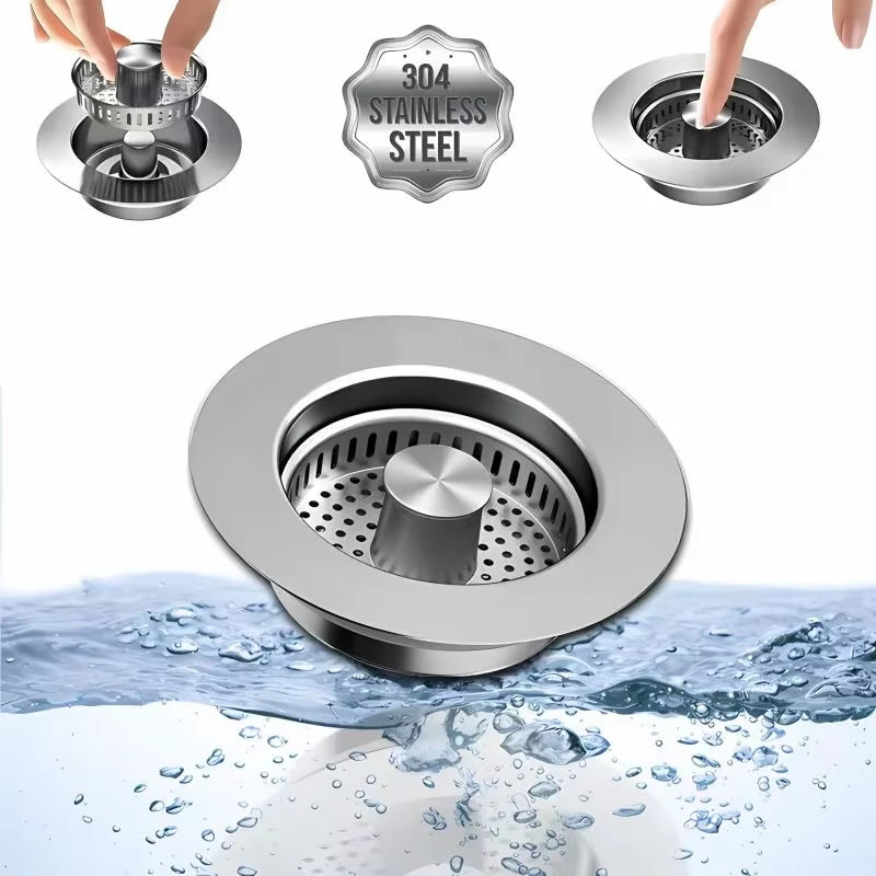 3-In-1 Kitchen Sink Strainer - Stainless Pop-Up Drain Stopper