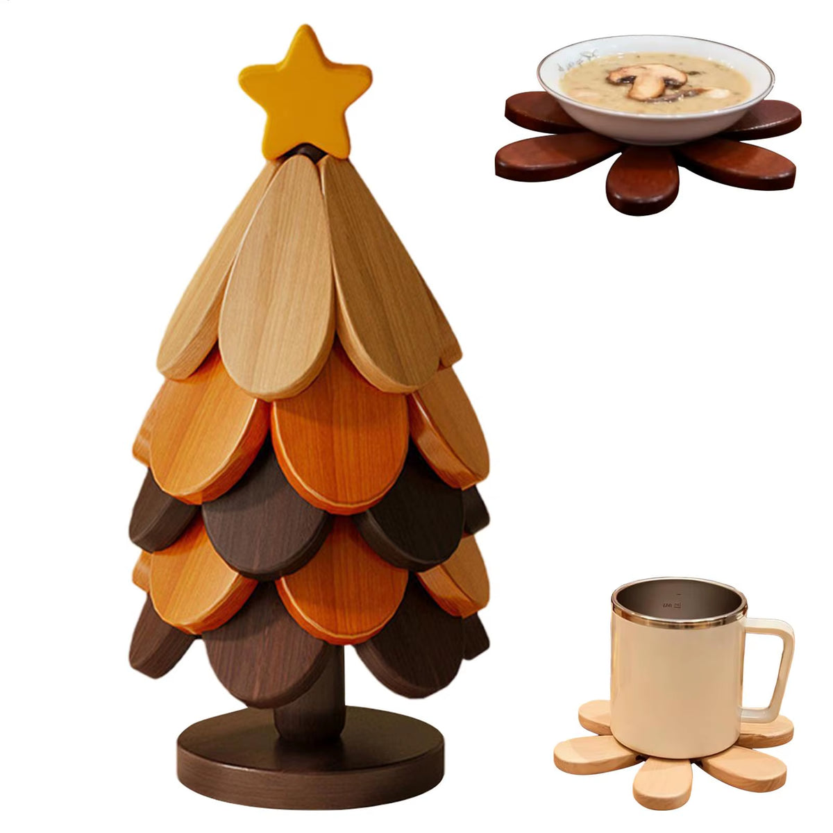 Christmas Tree Trivet – 5 Pc Foldable Wooden Hot Pad Set – image 4