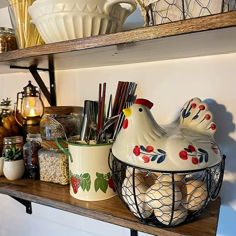 Ceramic Egg Basket, Farmhouse Hen-Shaped Egg Holder with Lid – image 7