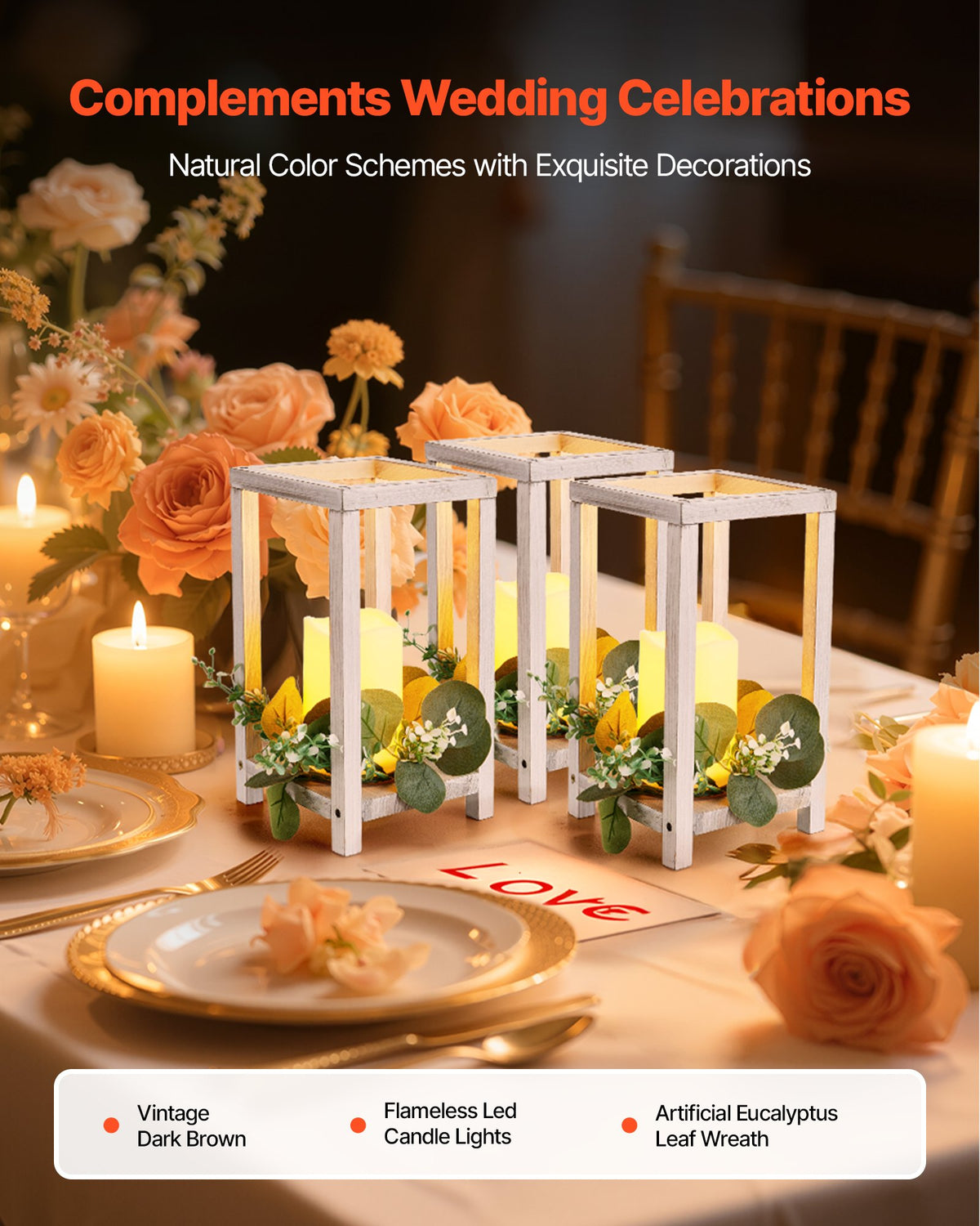 Wooden Lantern Centerpieces with LED Candles and Wreaths, 12 Sets – image 2
