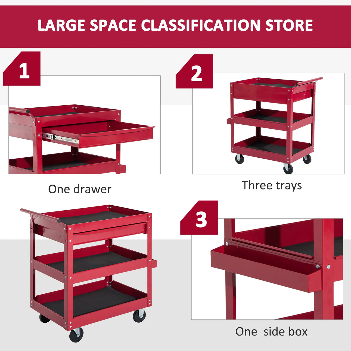 Tool Cart with 3 Tray 1 Drawer Storage Chest Garage Utility Red