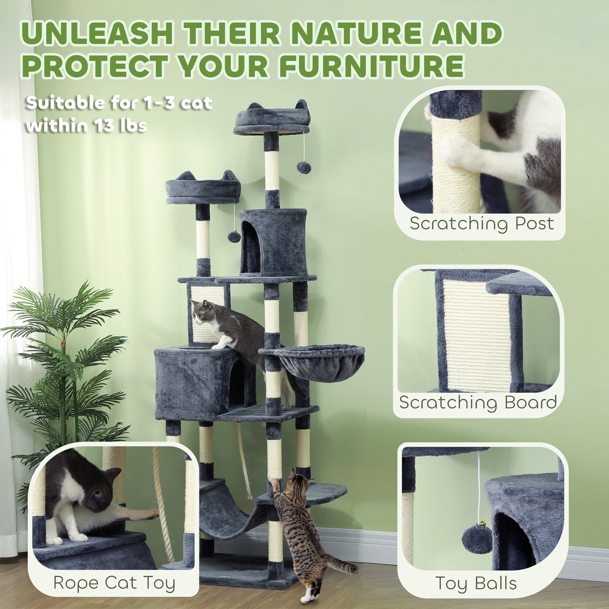 81 Inch Large Cat Tree with 2 Condos, Hammocks and Scratching Board – image 6