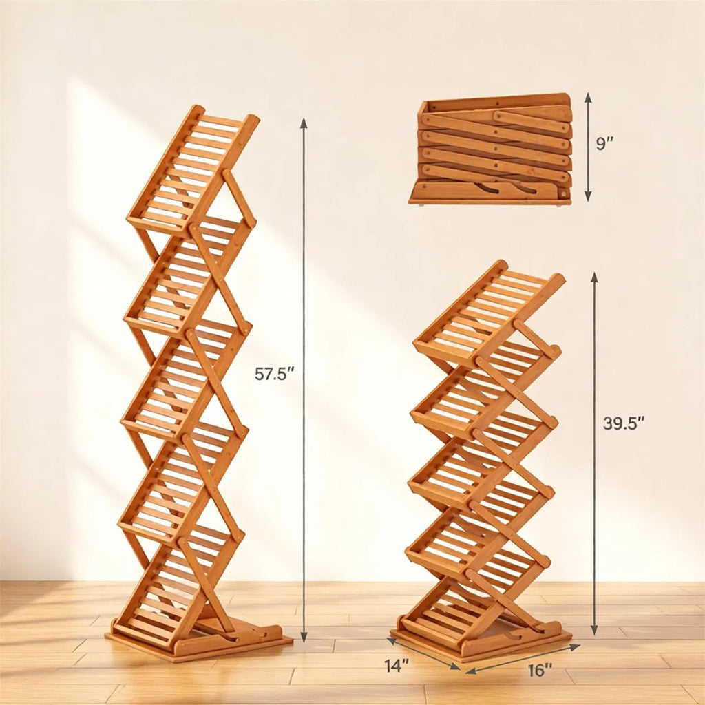 Foldable Bamboo Magazine Rack, 5-Pocket Brochure Display Stand, Walnut – image 5